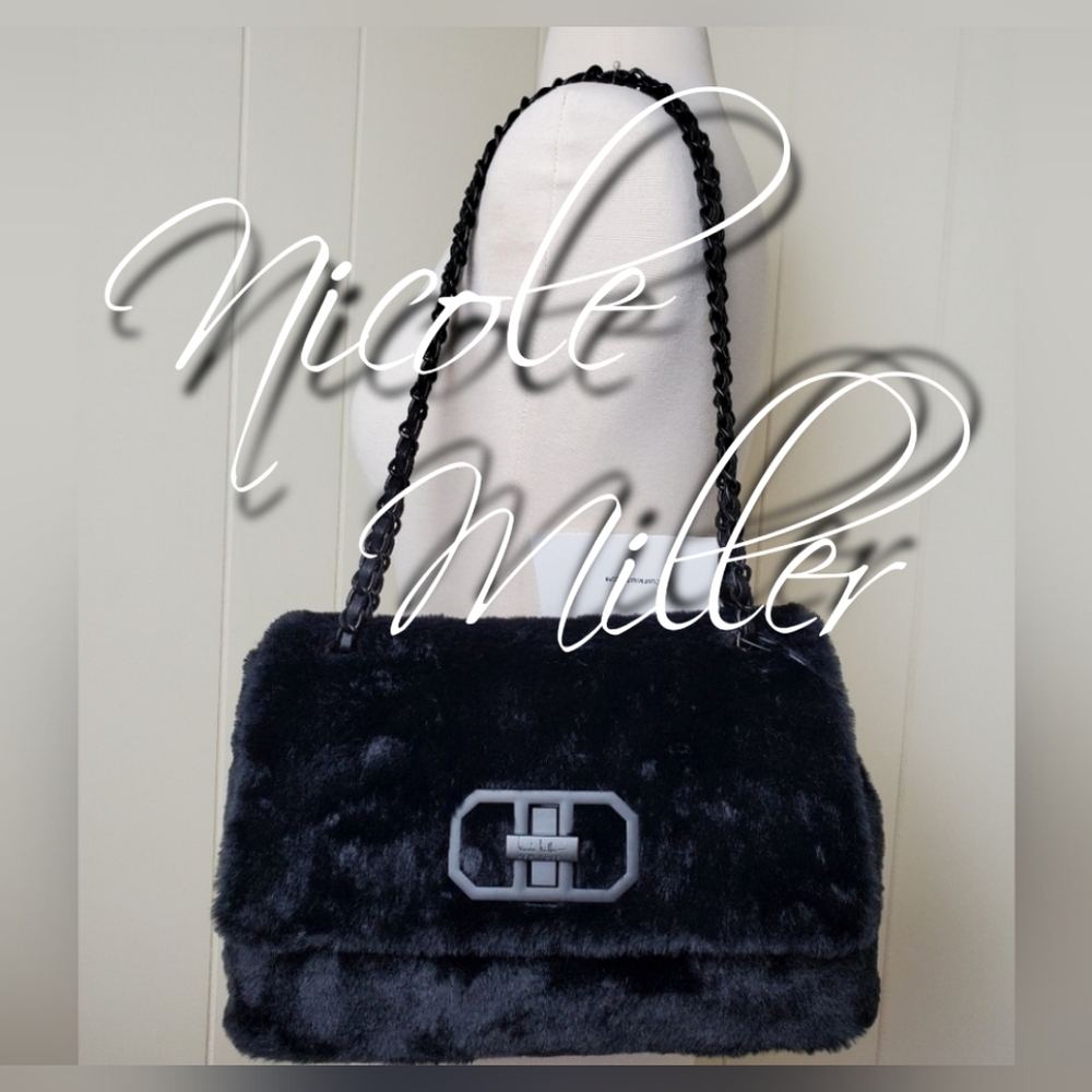 Nicole Miller Black Faux Fur Shoulder Purse